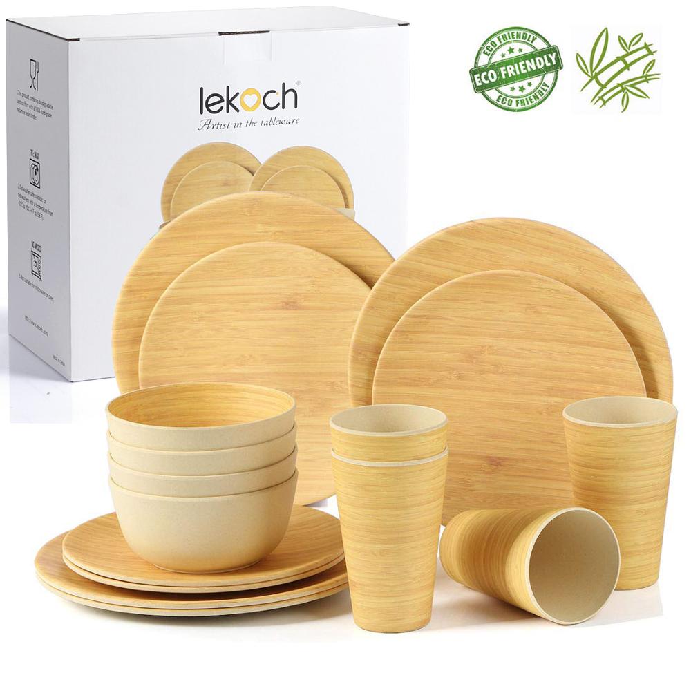 Lekoch Bamboo Fiber 4PCS/16PCS Tableware Set Bamboo pattern Plate Bamboo Powder Fiber dinnerware Plate Bowl Cup Set for Party-Sokohewani Ventures