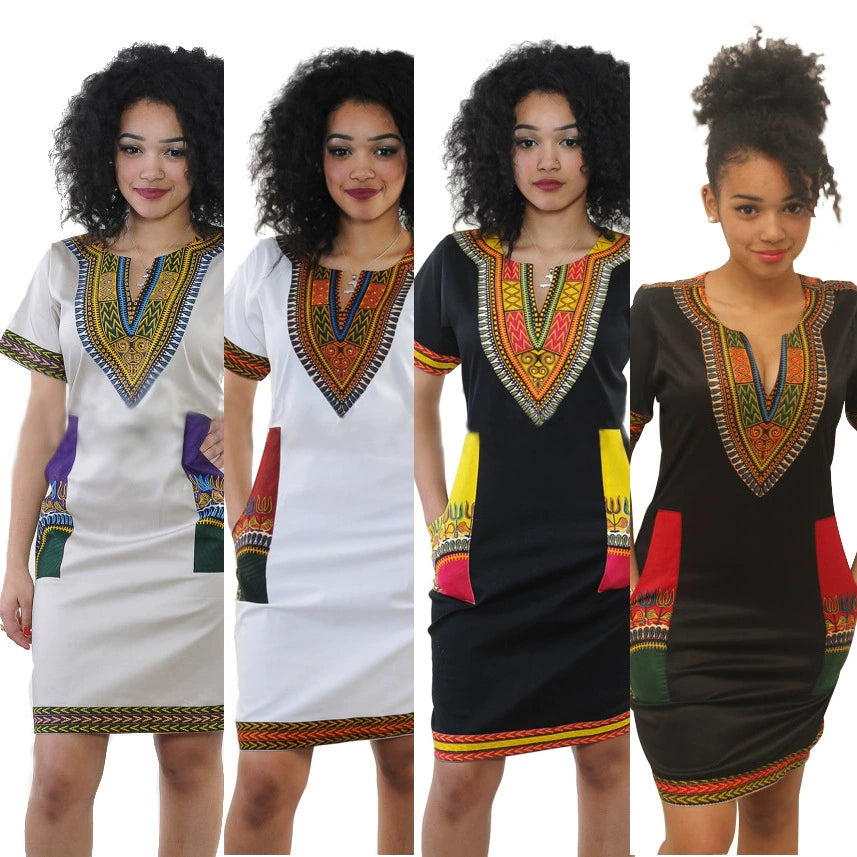 Women African Print Female Dress plus Size Sexy Short Sleeve Short Dress