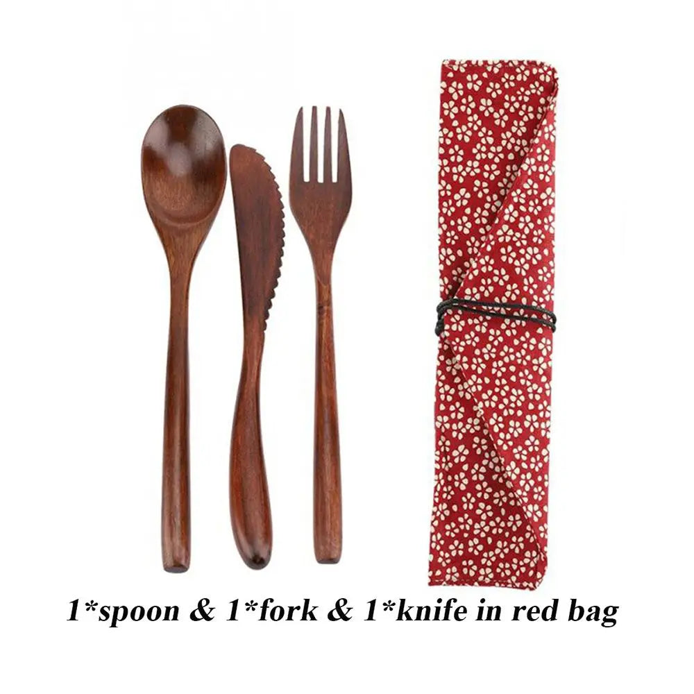 Portable Bamboo Wooden Cutlery Reusable Flatware With Bags Spoon Fork Cutter Dinnerware Tableware New