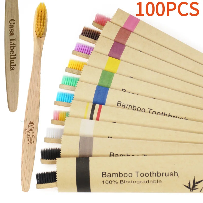 Bamboo Toothbrushes 100Pcs Eco Friendly Resuable Toothbrush Adult Wooden Soft Tooth Brush Customized Laser Engraving Logo