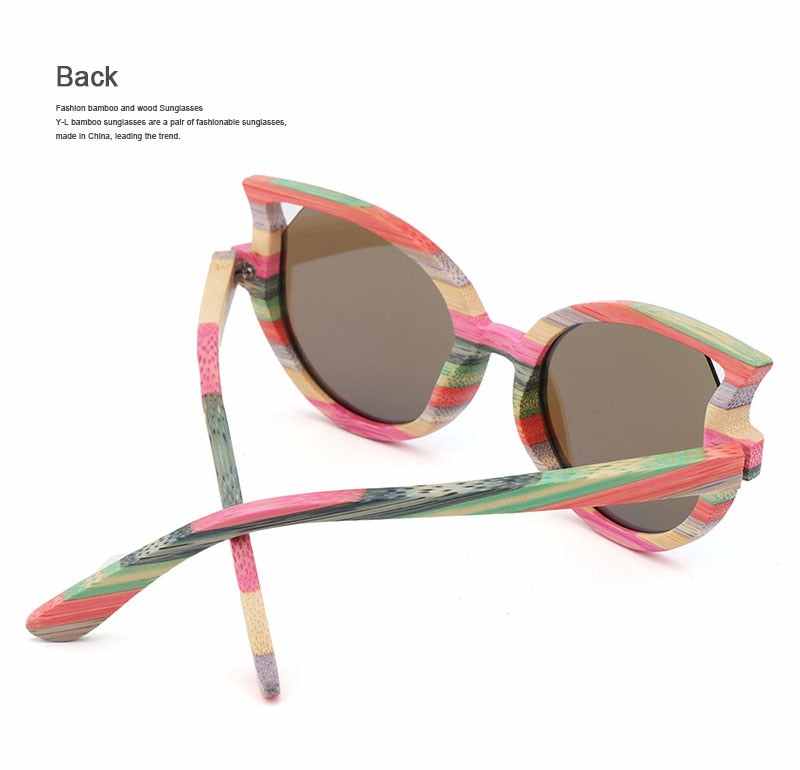 thumbnail image 2 of FELRES Women's Brown Bamboo Wood Polarized Sunglasses - Cat Eye Frame, UV400, Reflective Multicolor Lens - Retro Style ZB76 2 of 3